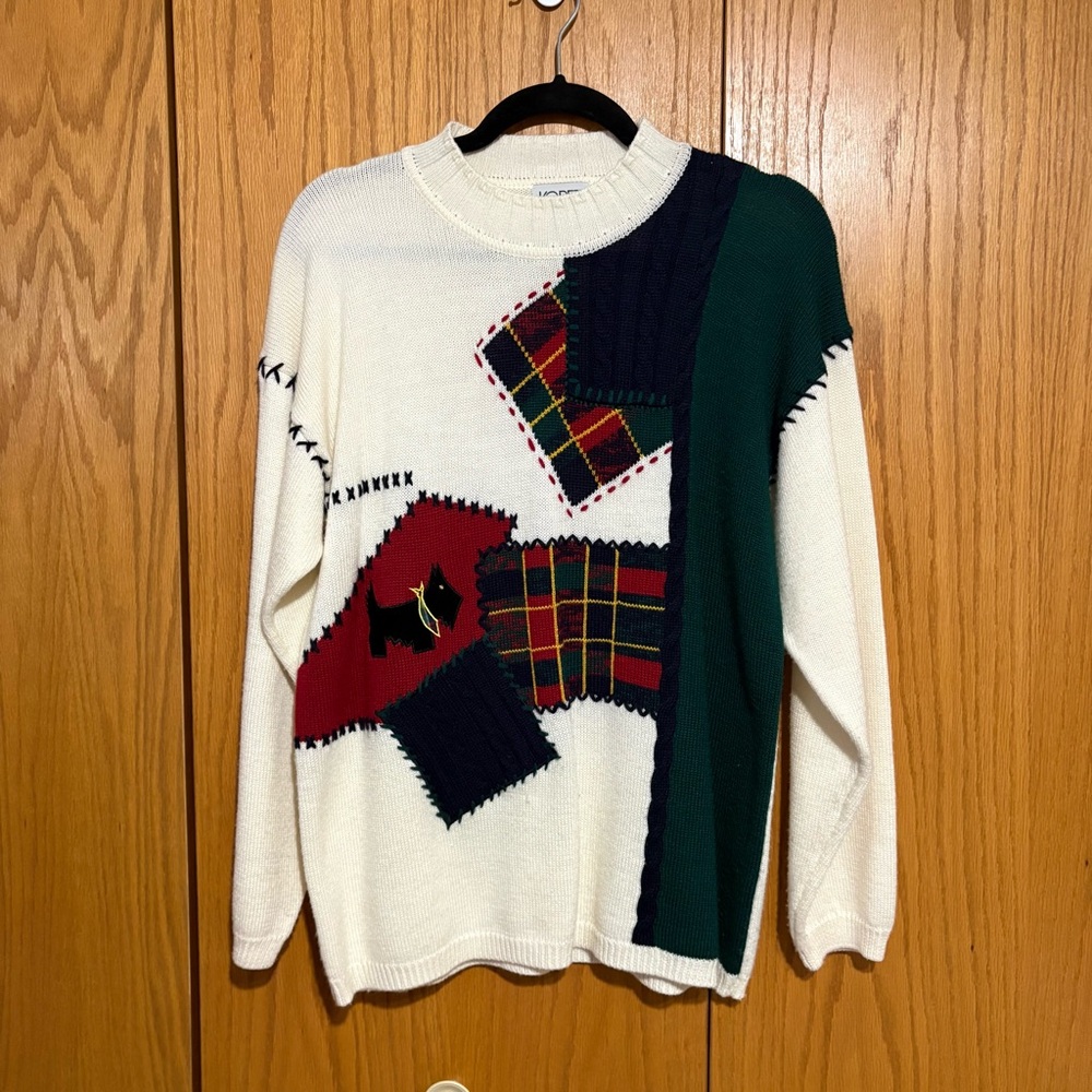 Koret vintage 90s wool blend sweater scottish terrier dog plaid ribbed collar